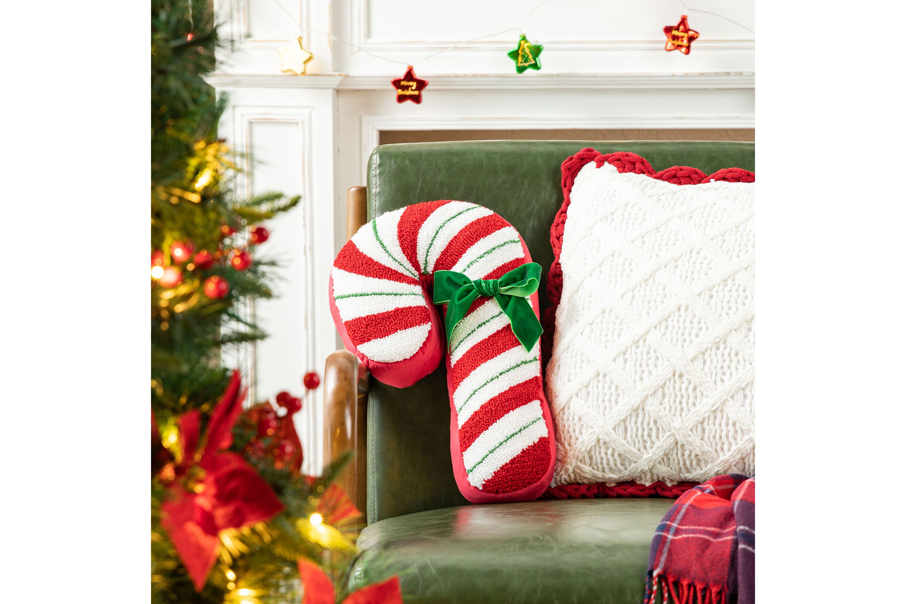 15.75"H Hooked Christmas Candy Cane Shaped Pillow