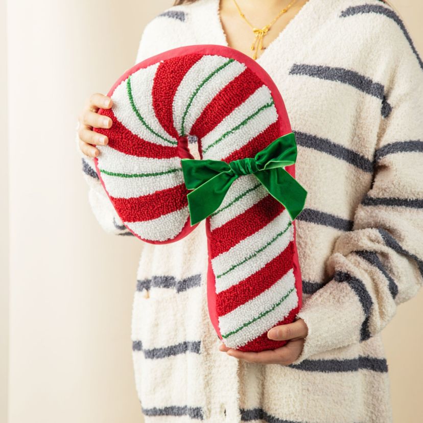 15.75"H Hooked Christmas Candy Cane Shaped Pillow