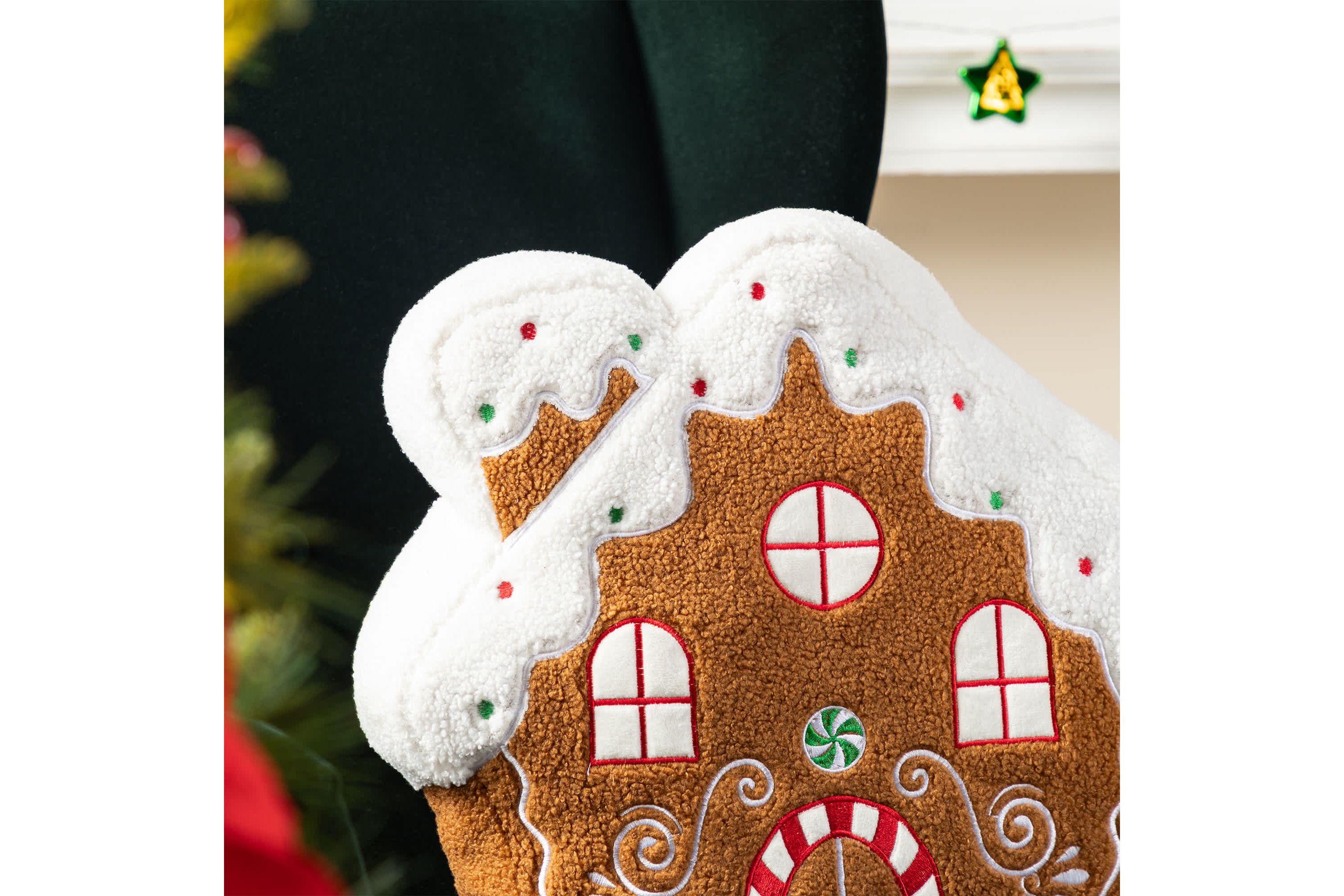 17"H Christmas Gingerbread House Shaped Pillow