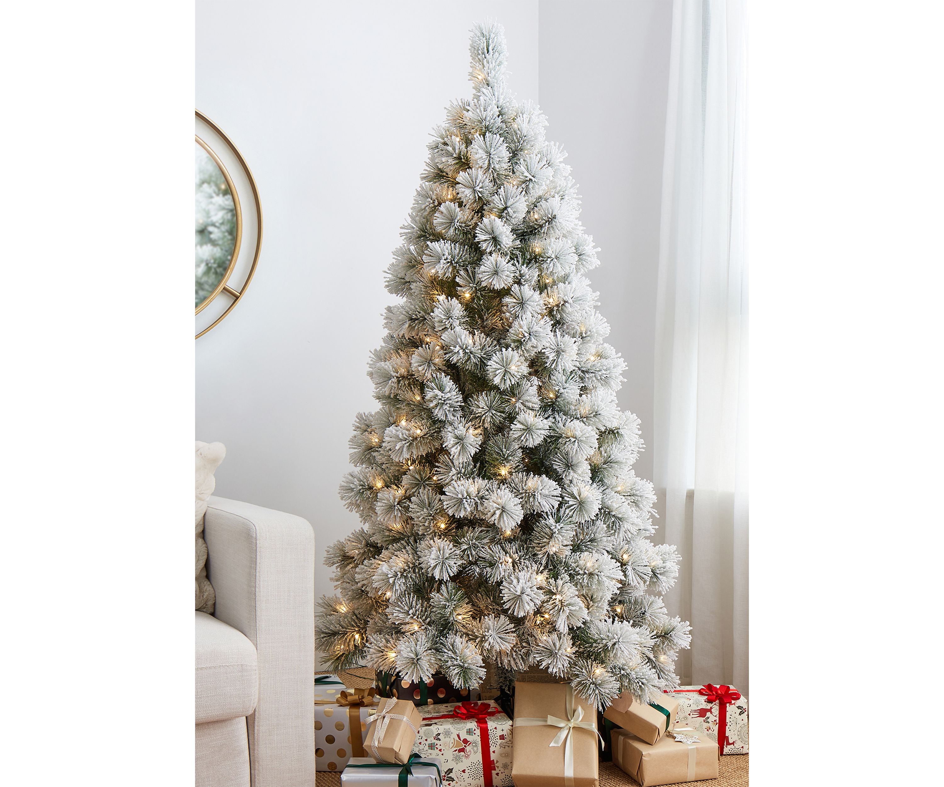 Pre-Lit Flocked Pencil Pine Artificial Christmas Tree with 300 Warm White Lights