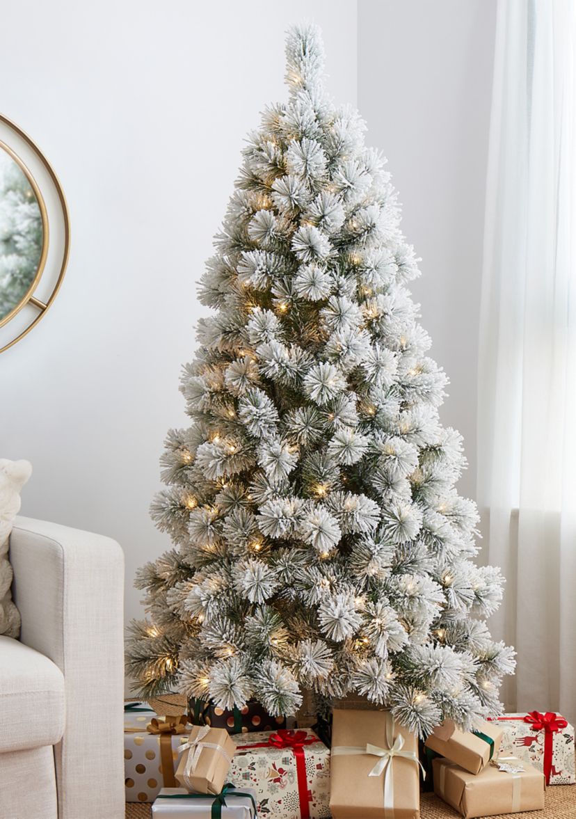 Pre-Lit Flocked Pencil Pine Artificial Christmas Tree with 300 Warm White Lights