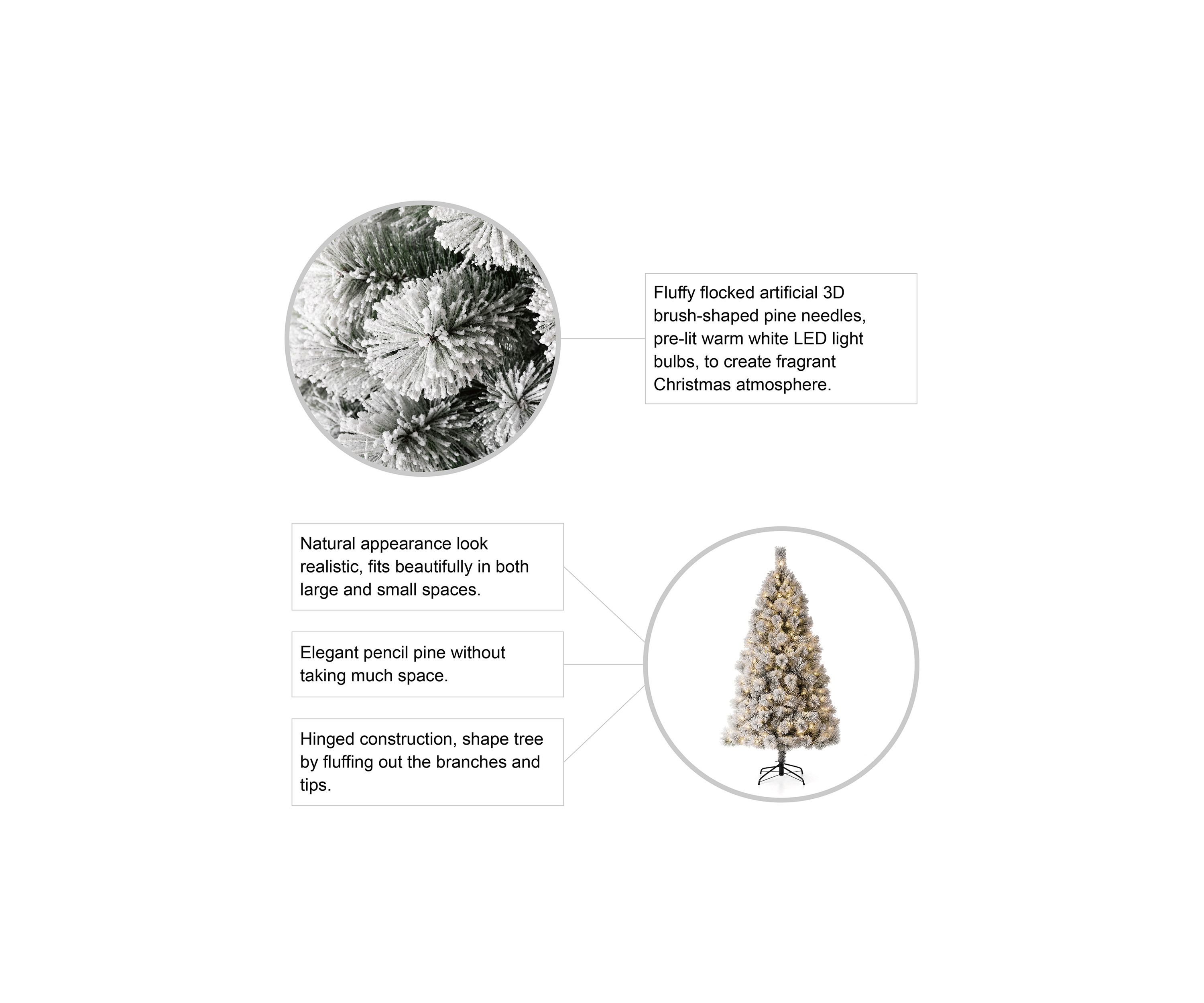 Pre-Lit Flocked Pencil Pine Artificial Christmas Tree with 300 Warm White Lights