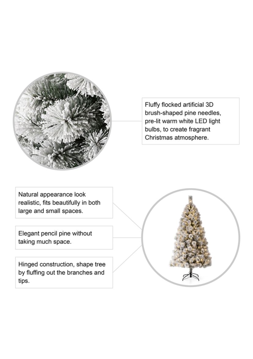 Pre-Lit Flocked Pencil Pine Artificial Christmas Tree with 300 Warm White Lights
