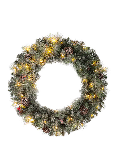 Glitzhome Pre-Lit Glittered Pine Cone Christmas Wreath with