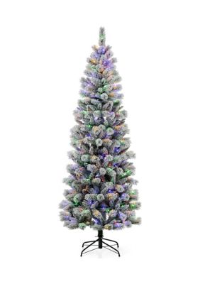 Glitzhome Pre-Lit Flocked Pencil Pine Artificial Christmas Tree with 300 Warm White/Multi-Color Lights, Silver, 7.5 Foot