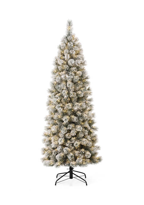 Glitzhome Pre-Lit Flocked Pencil Pine Artificial Christmas Tree