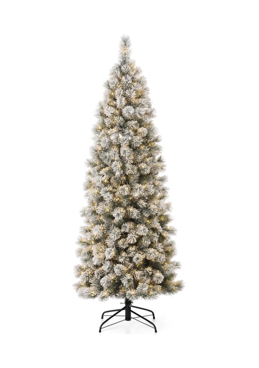 Pre-Lit Flocked Pencil Pine Artificial Christmas Tree with 350 Warm White Lights