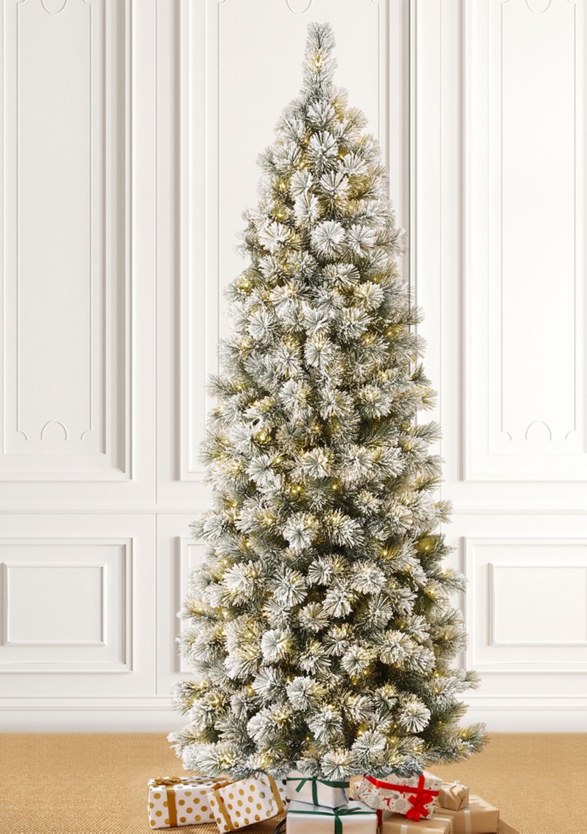 Pre-Lit Flocked Pencil Pine Artificial Christmas Tree with 350 Warm White Lights