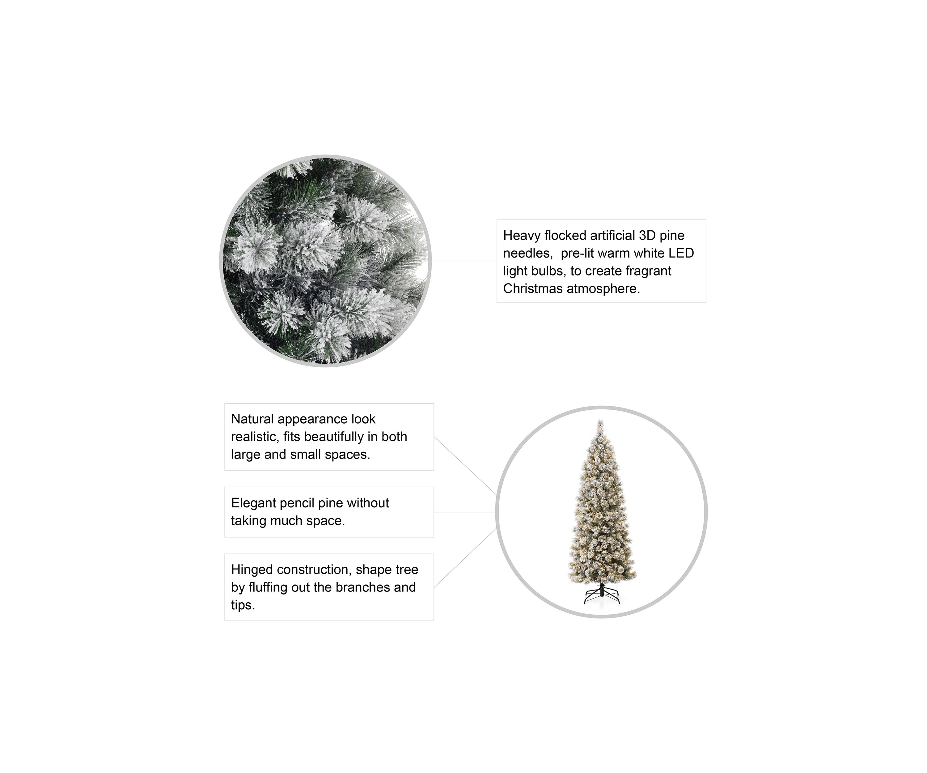 Pre-Lit Flocked Pencil Pine Artificial Christmas Tree with 350 Warm White Lights
