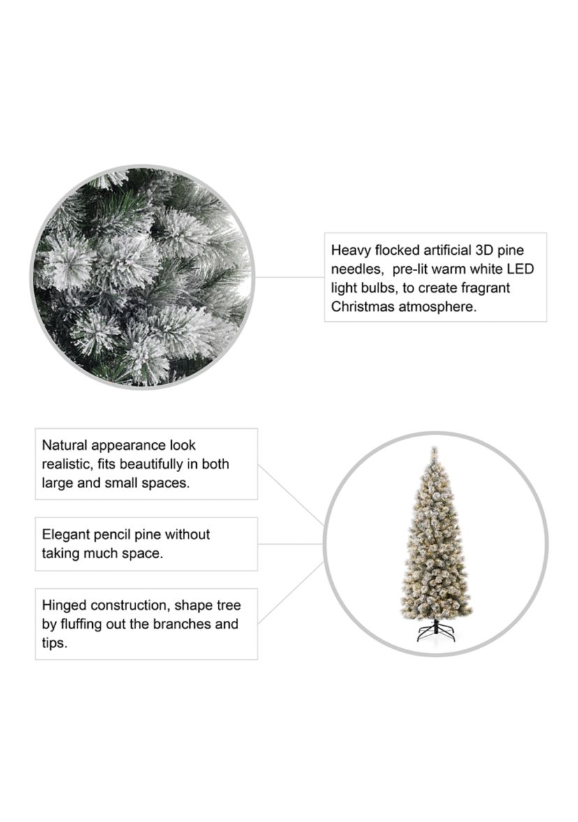 Pre-Lit Flocked Pencil Pine Artificial Christmas Tree with 350 Warm White Lights