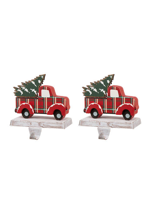 Glitzhome 2 Pack Wooden/Metal Red Truck Stocking Holder