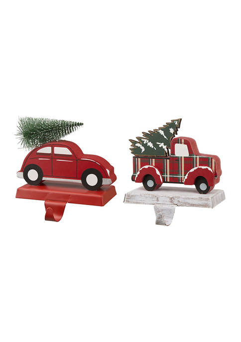 Glitzhome Set of 2 Wooden/Metal Red Car &
