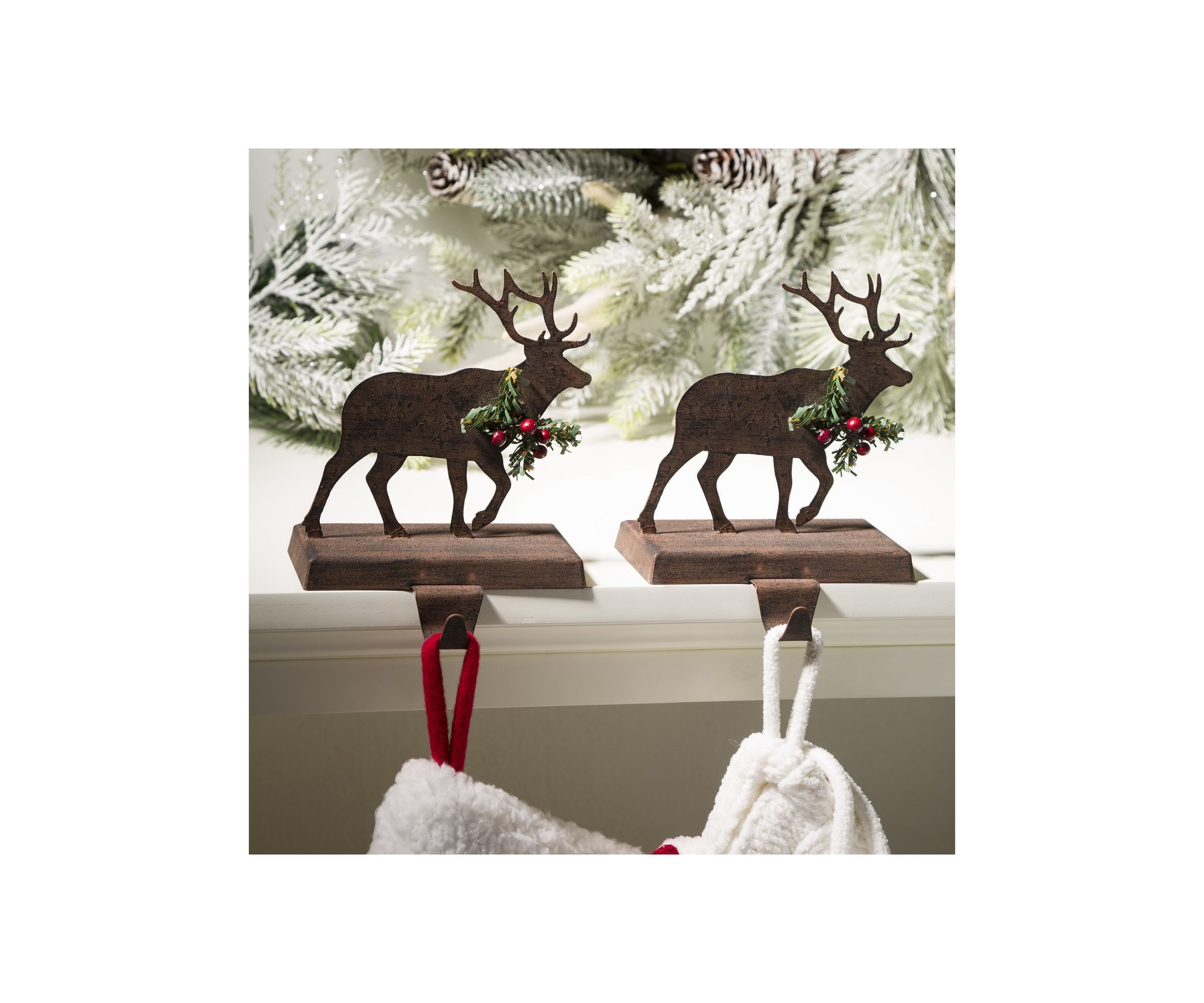 2 Pack Wooden/Metal Reindeer Stocking Holder