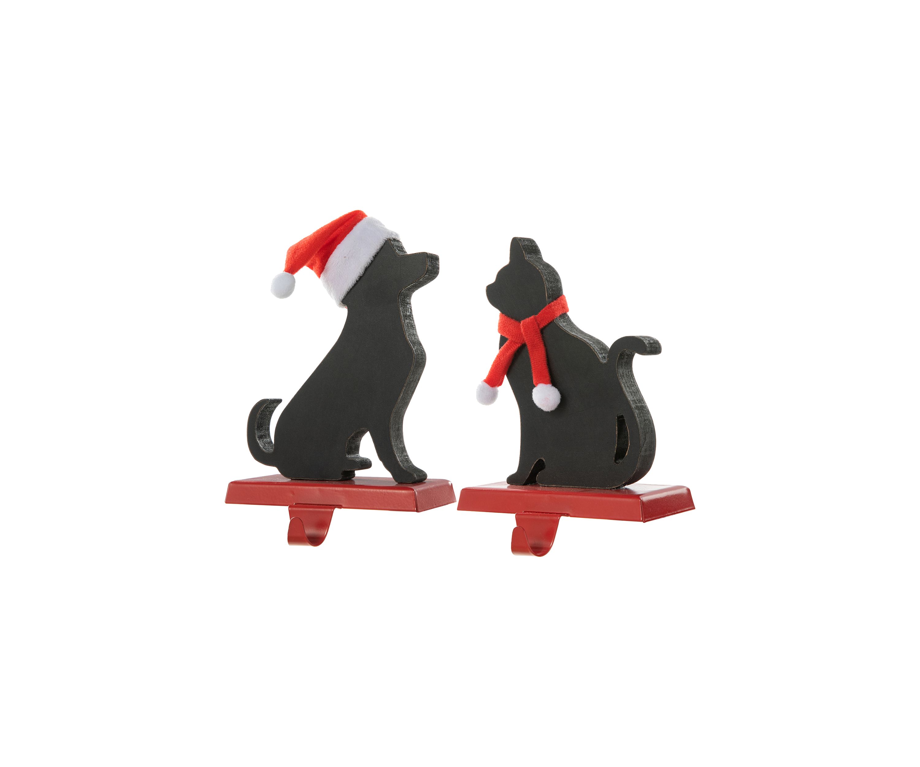 Set of 2 Wooden/Metal Cat & Dog Christmas Stocking Holder
