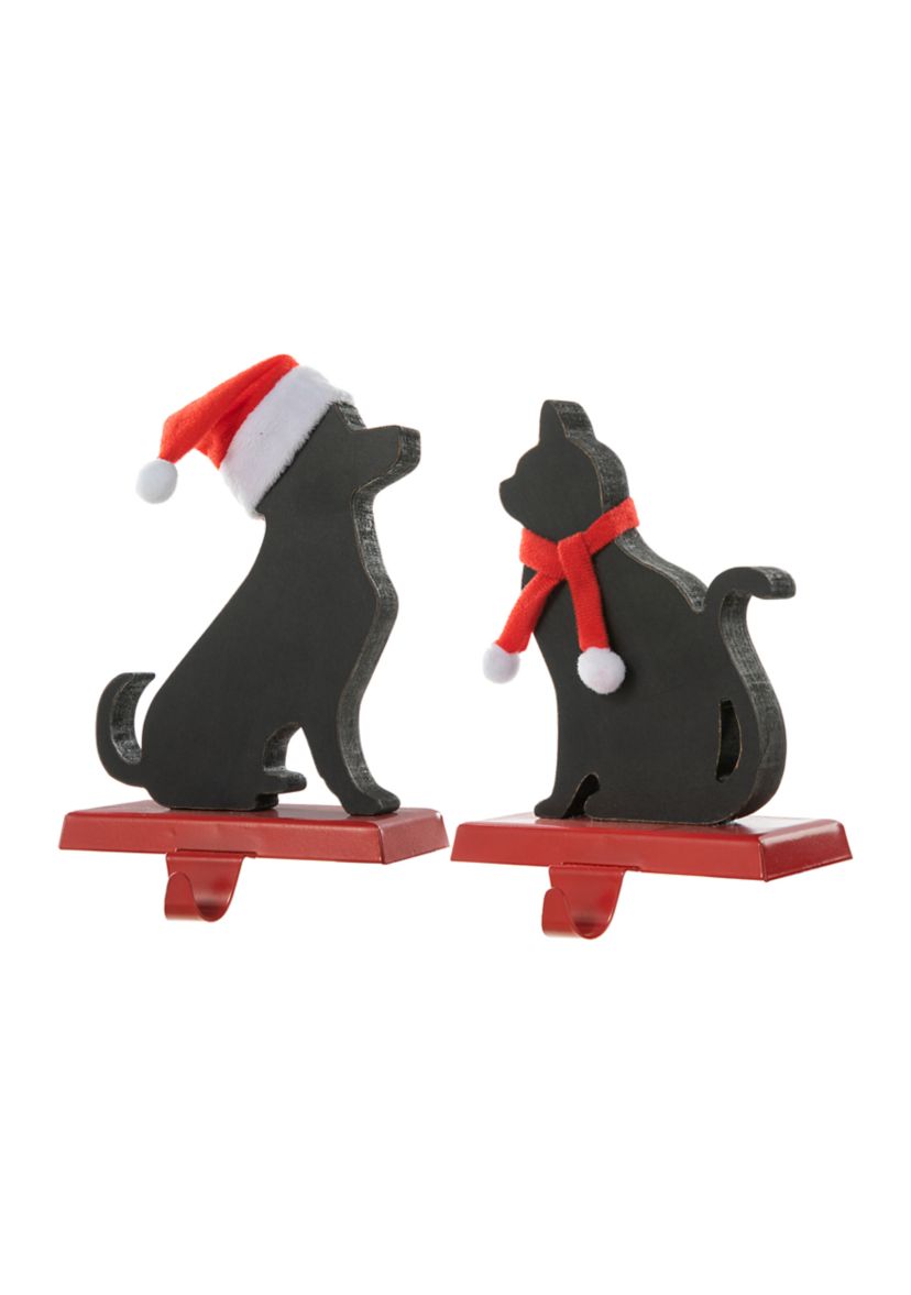 Set of 2 Wooden/Metal Cat & Dog Christmas Stocking Holder