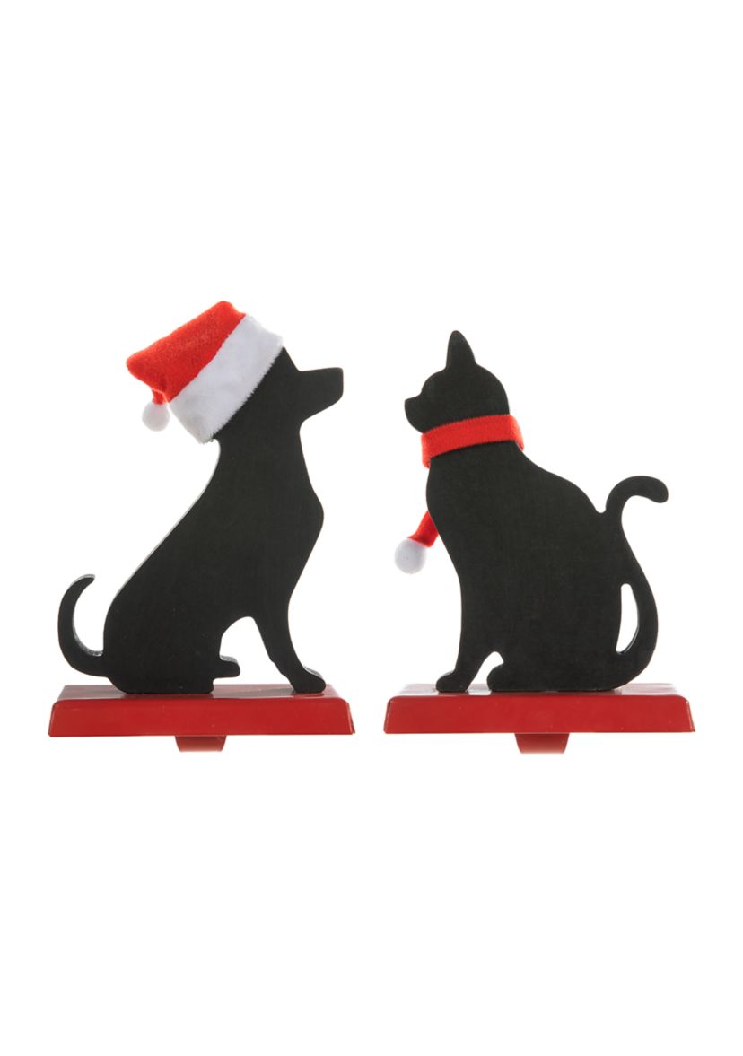 Set of 2 Wooden/Metal Cat & Dog Christmas Stocking Holder