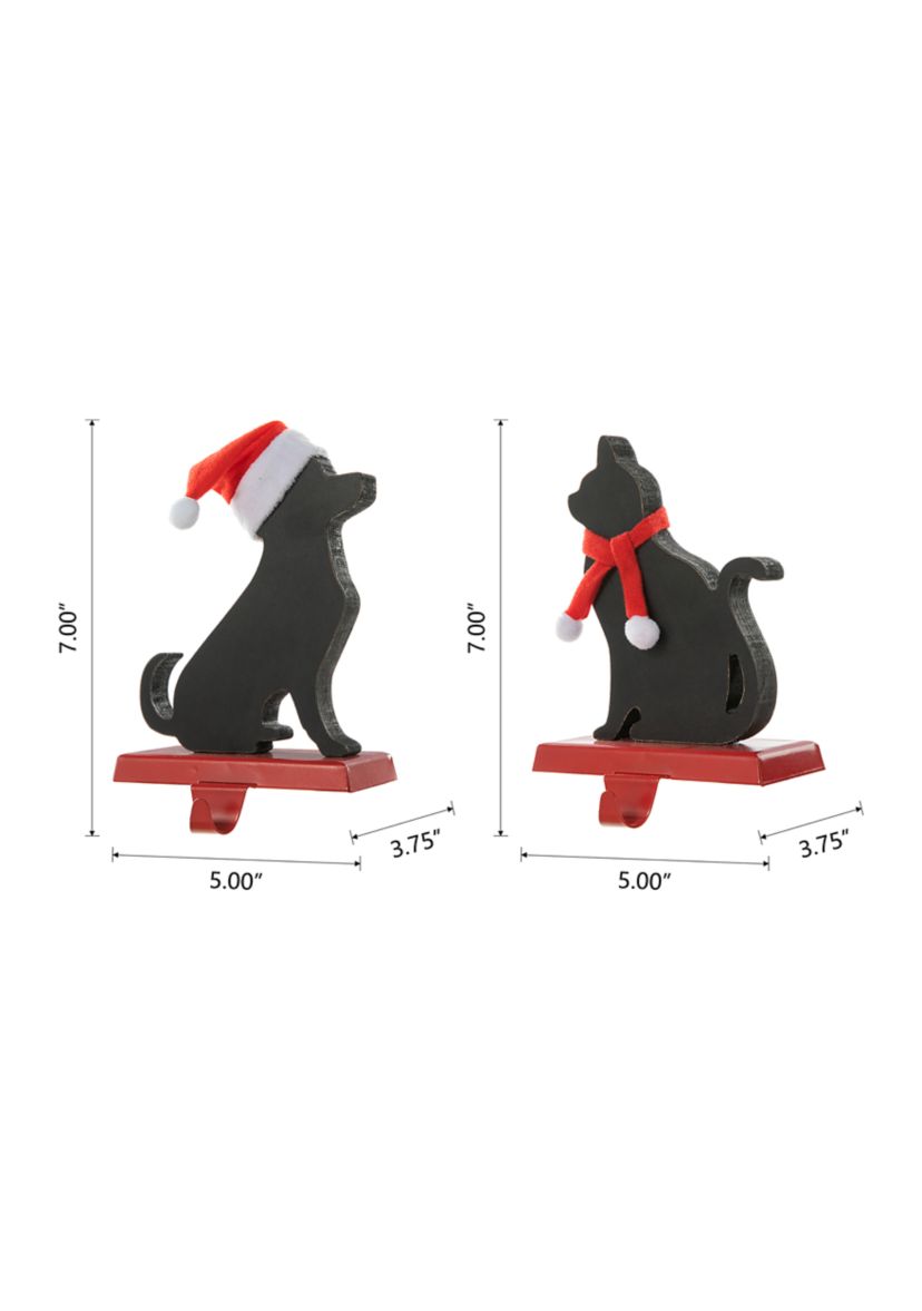 Set of 2 Wooden/Metal Cat & Dog Christmas Stocking Holder