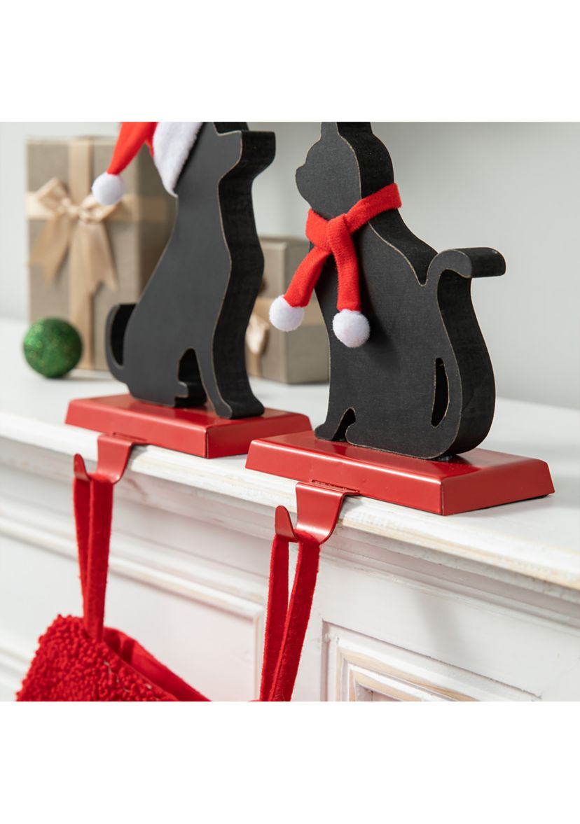 Set of 2 Wooden/Metal Cat & Dog Christmas Stocking Holder