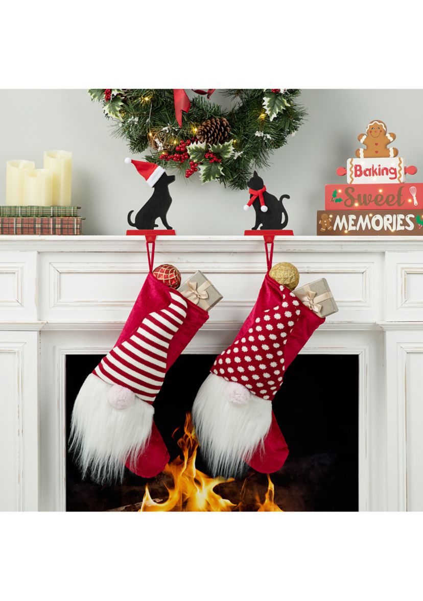 Set of 2 Wooden/Metal Cat & Dog Christmas Stocking Holder