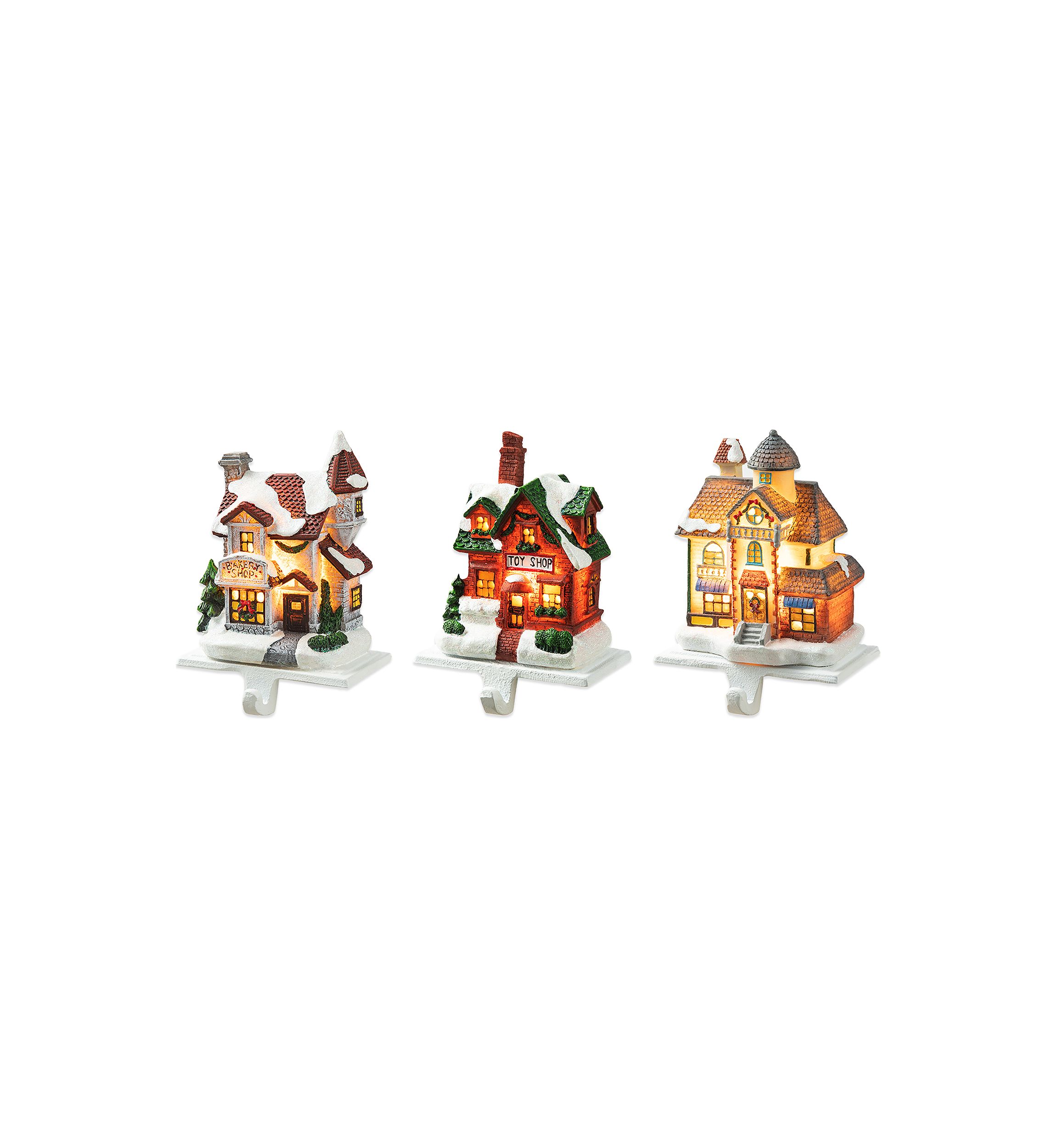 6-inchH Set of 3 Lighted Resin  House Stocking Holder