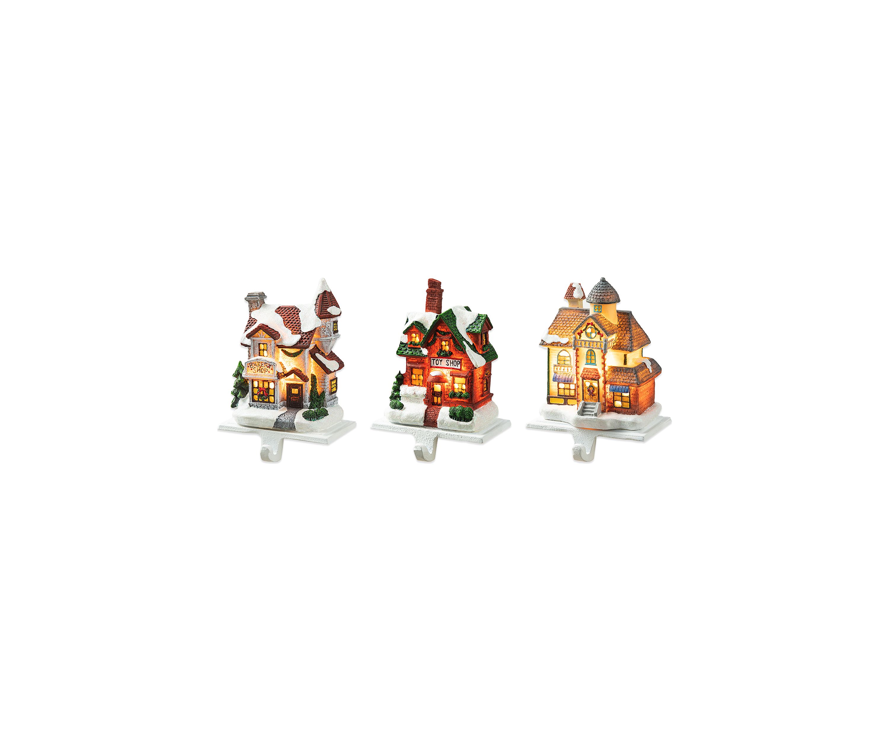 6-inchH Set of 3 Lighted Resin  House Stocking Holder