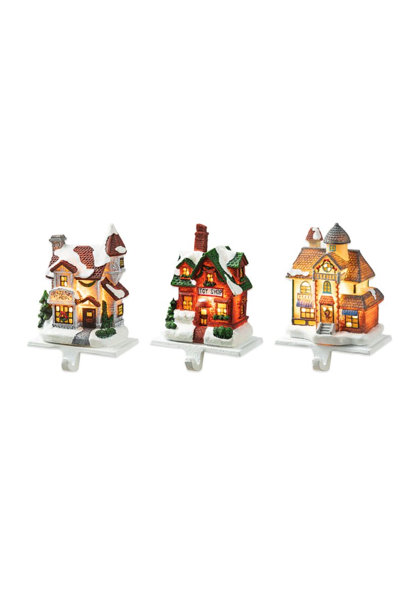 6-inchH Set of 3 Lighted Resin  House Stocking Holder