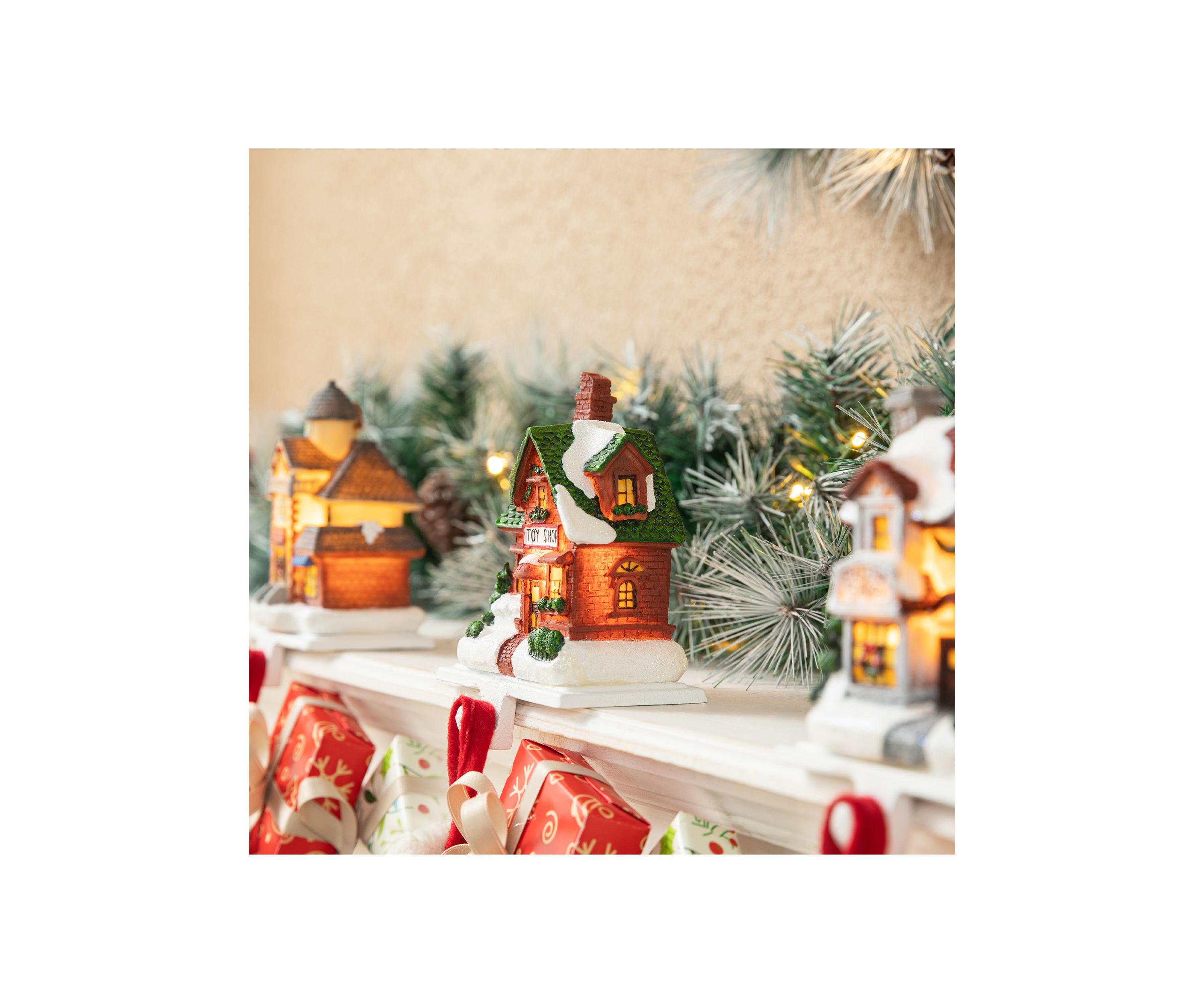 6-inchH Set of 3 Lighted Resin  House Stocking Holder