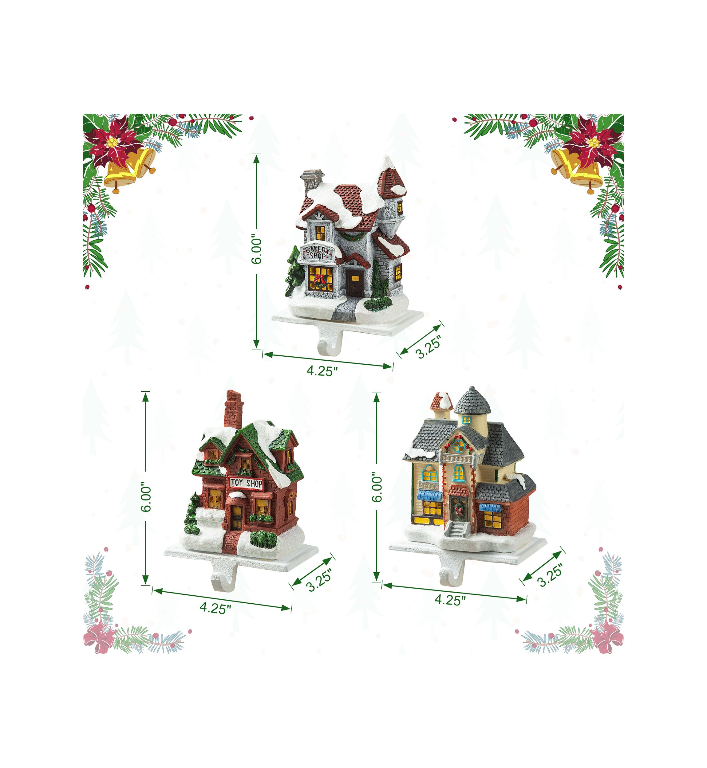 6-inchH Set of 3 Lighted Resin  House Stocking Holder