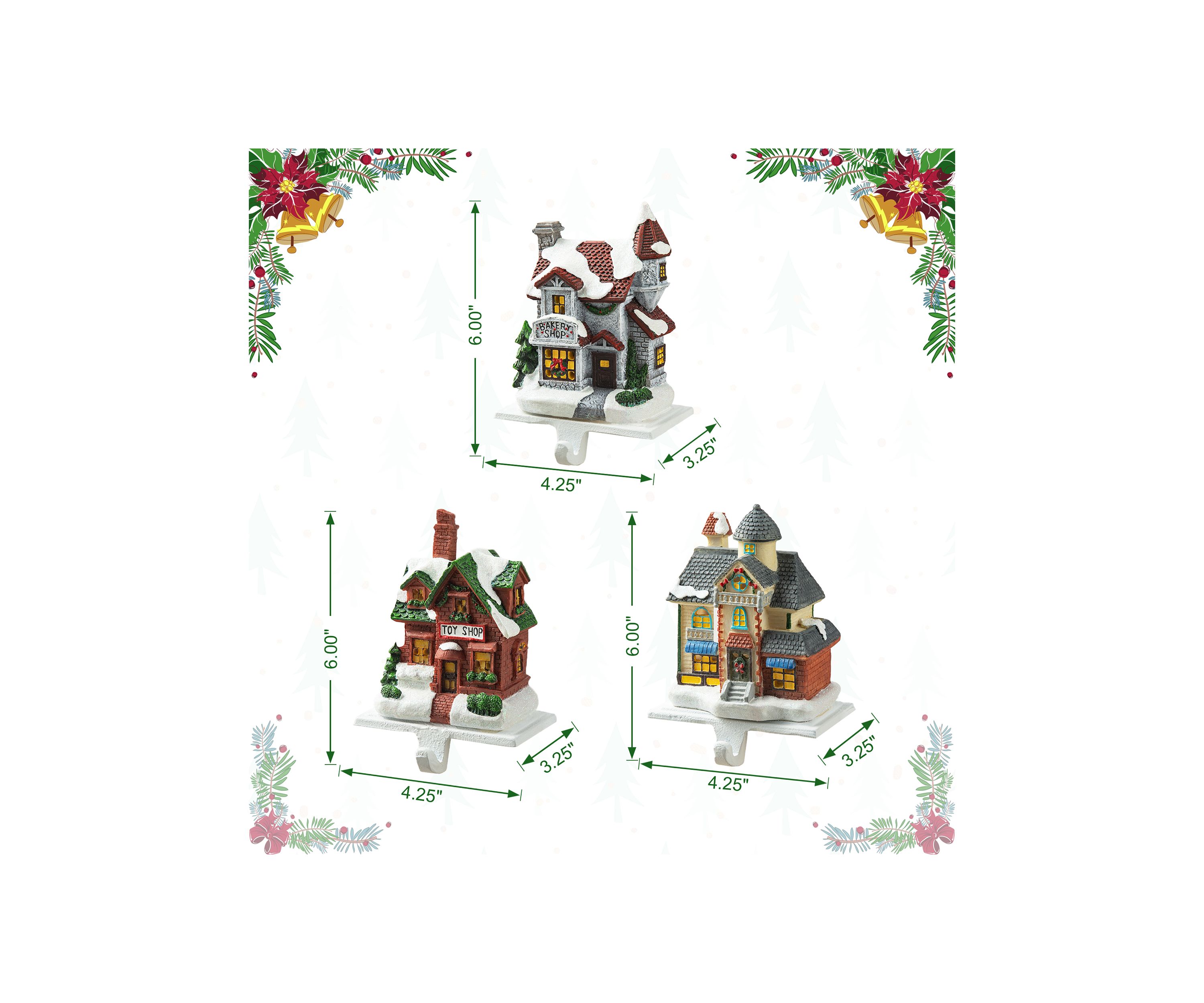 6-inchH Set of 3 Lighted Resin  House Stocking Holder