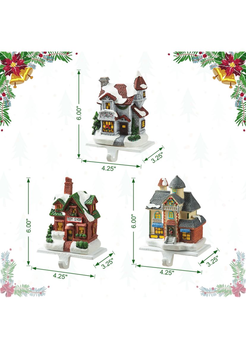 6-inchH Set of 3 Lighted Resin  House Stocking Holder