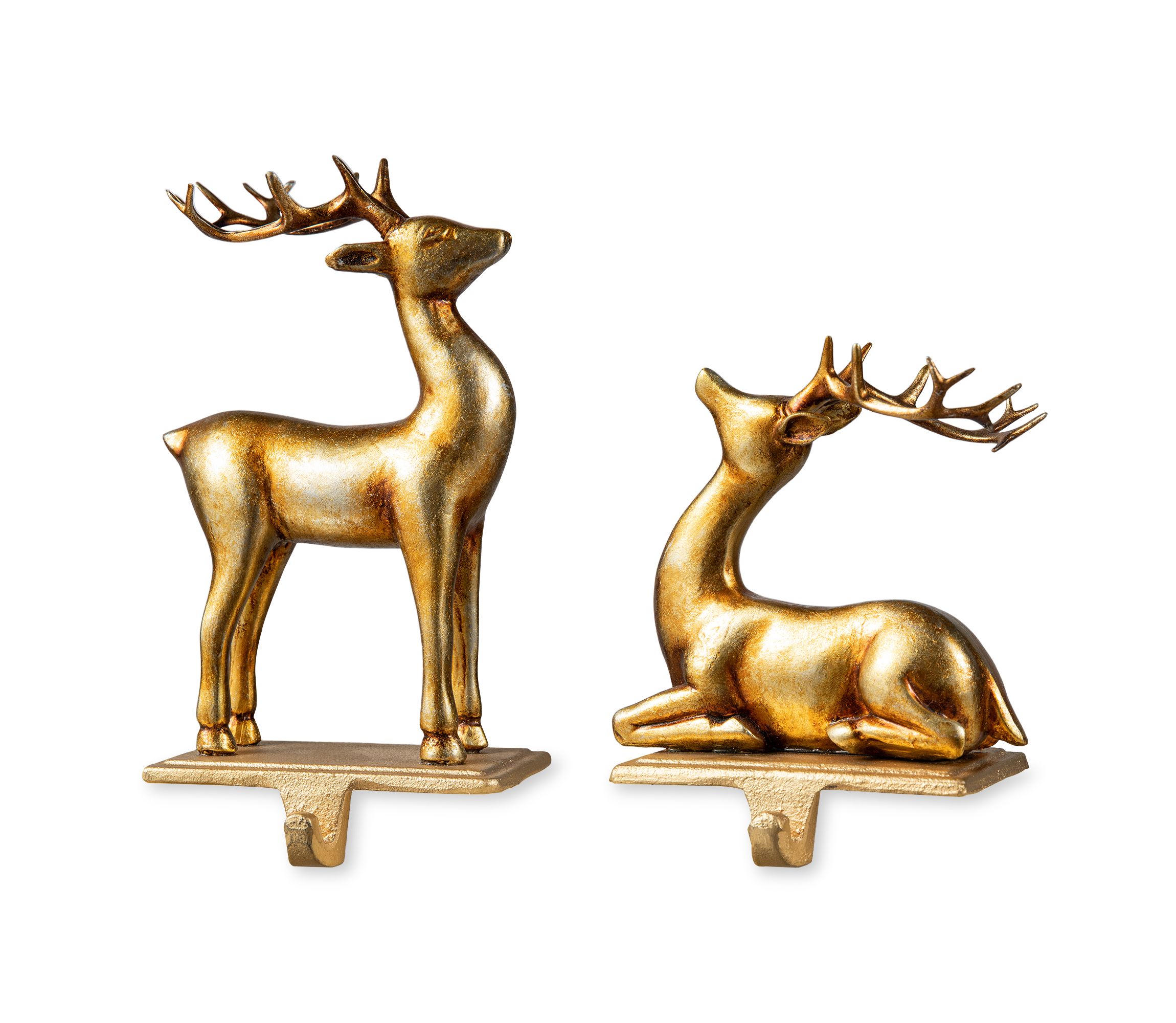 Set of 2 Gold Resin Standing & Sitting Reindeer Stocking Holders