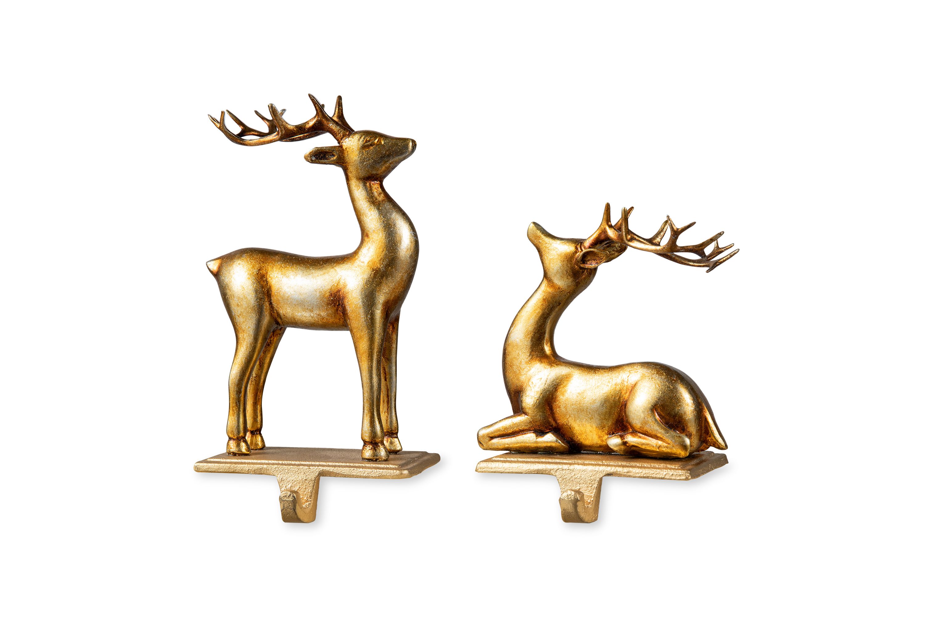 Set of 2 Gold Resin Standing & Sitting Reindeer Stocking Holders
