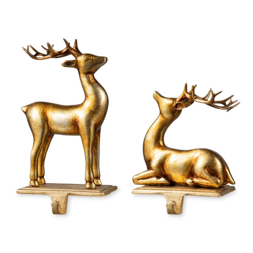 Set of 2 Gold Resin Standing & Sitting Reindeer Stocking Holders