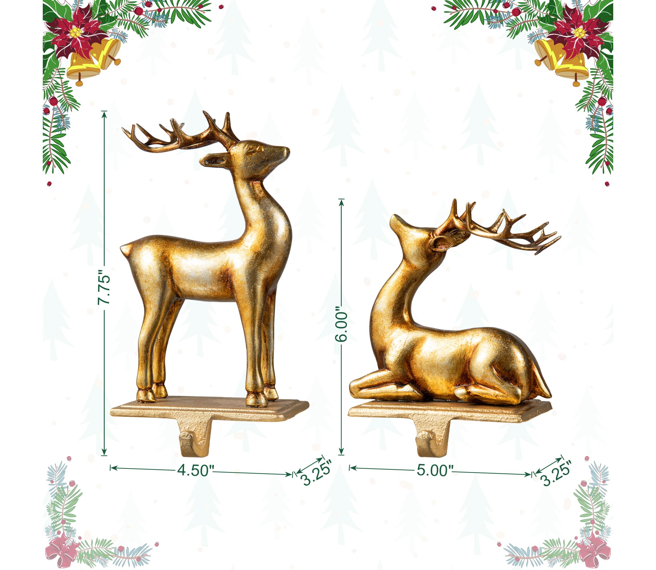 Set of 2 Gold Resin Standing & Sitting Reindeer Stocking Holders