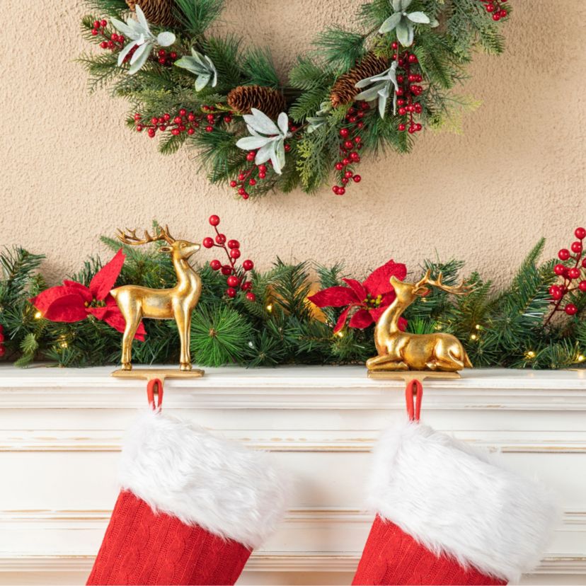 Set of 2 Gold Resin Standing & Sitting Reindeer Stocking Holders