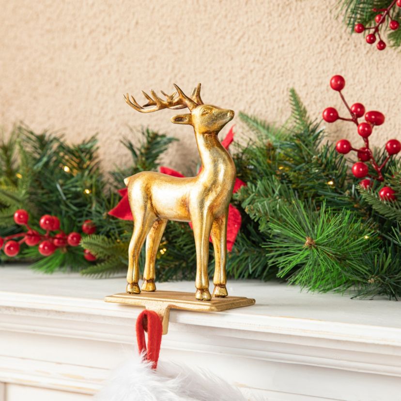 Set of 2 Gold Resin Standing & Sitting Reindeer Stocking Holders
