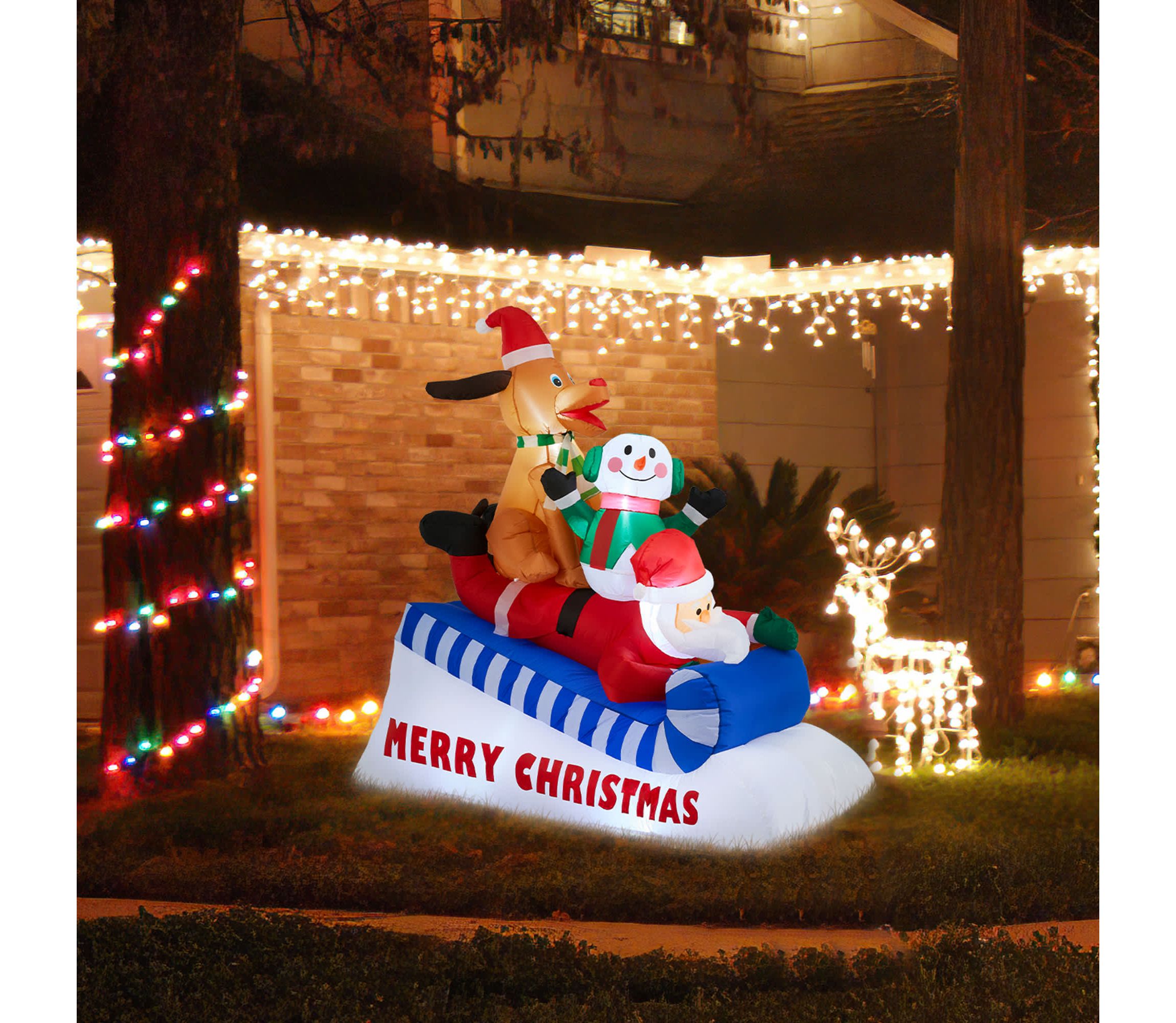 6FT Lighted Inflatable Skiing Santa, Snowman and Dog
