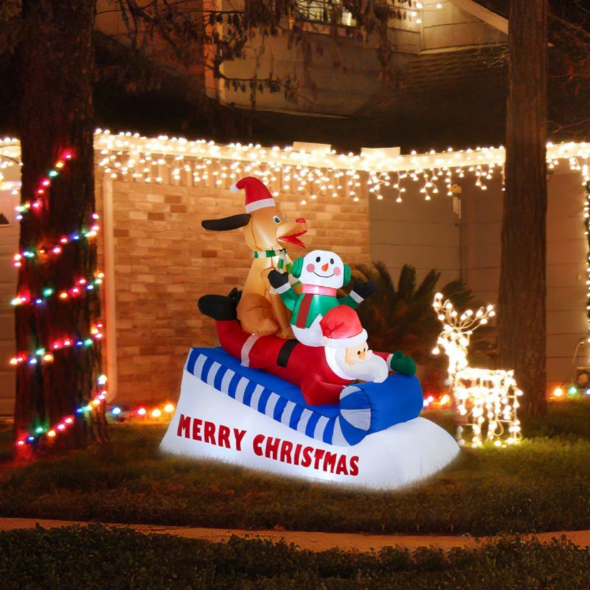 6FT Lighted Inflatable Skiing Santa, Snowman and Dog