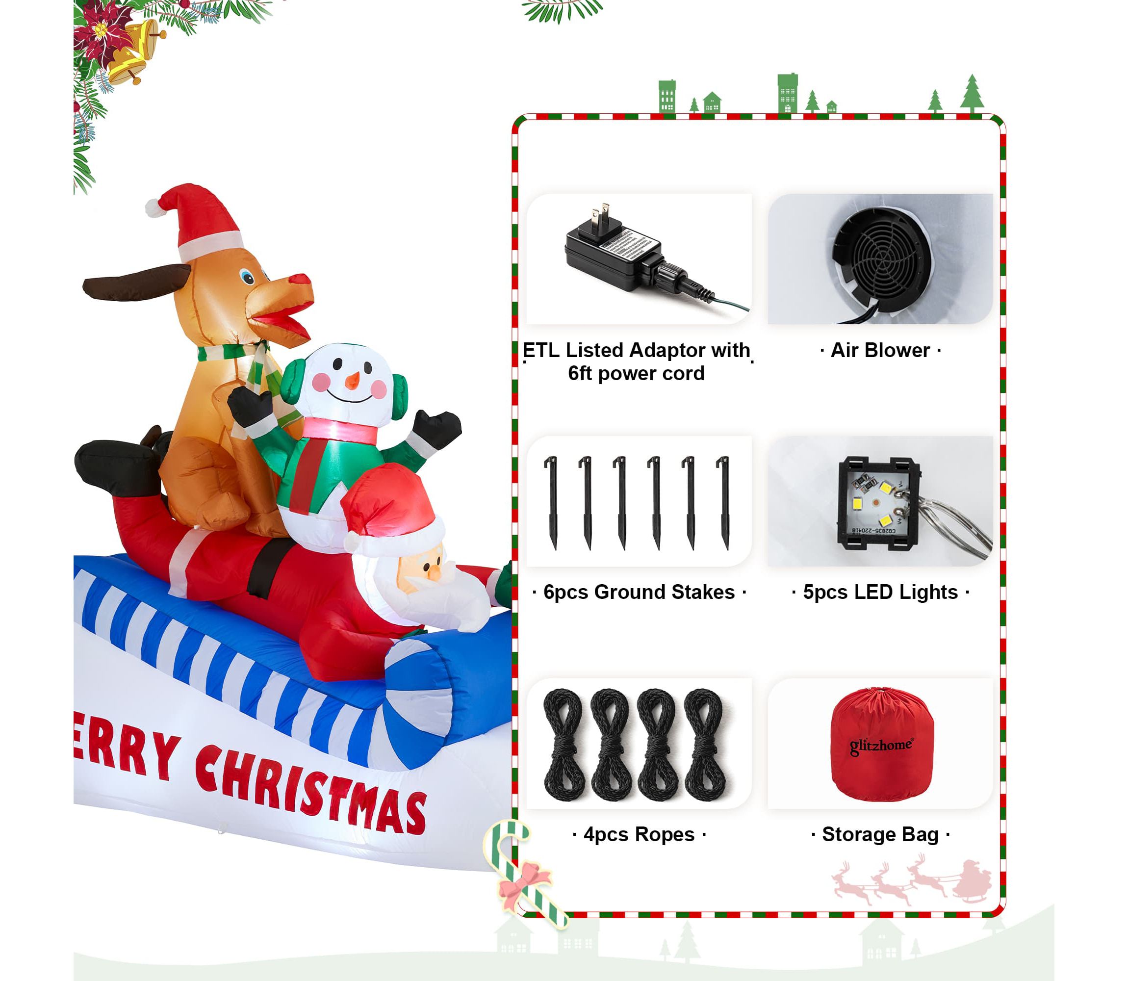 6FT Lighted Inflatable Skiing Santa, Snowman and Dog
