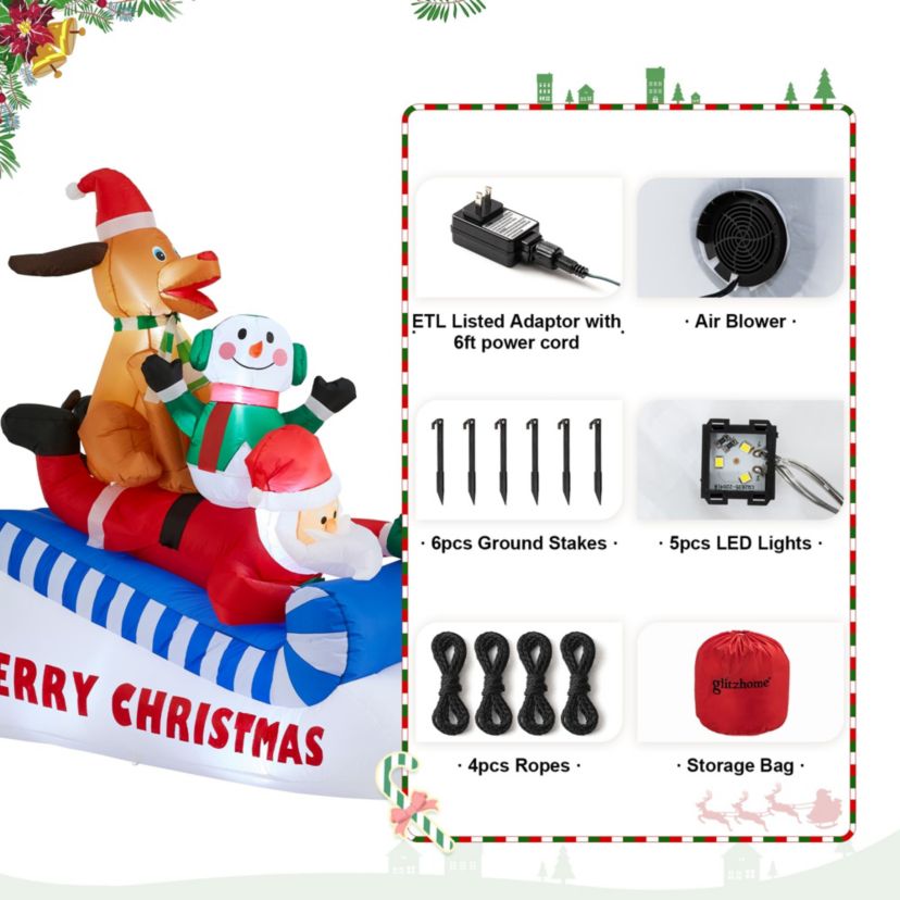6FT Lighted Inflatable Skiing Santa, Snowman and Dog