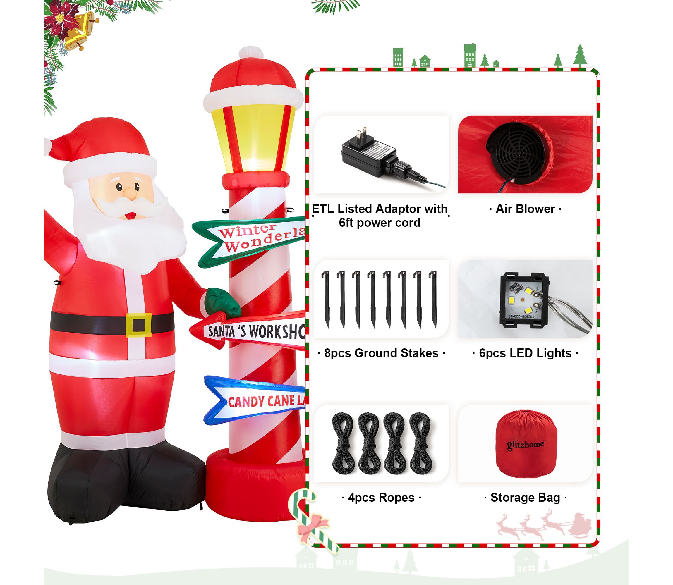 7FT Lighted Inflatable Santa with Lamp Post Sign Decor