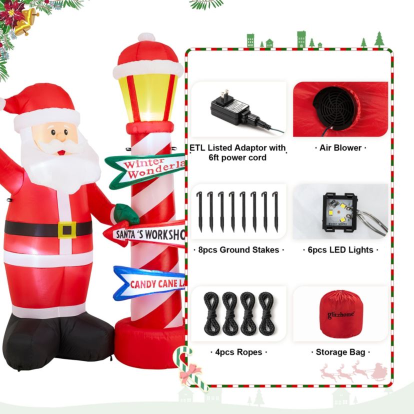 7FT Lighted Inflatable Santa with Lamp Post Sign Decor