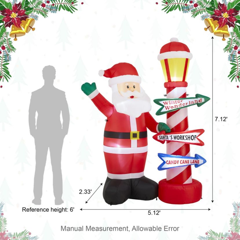 7FT Lighted Inflatable Santa with Lamp Post Sign Decor