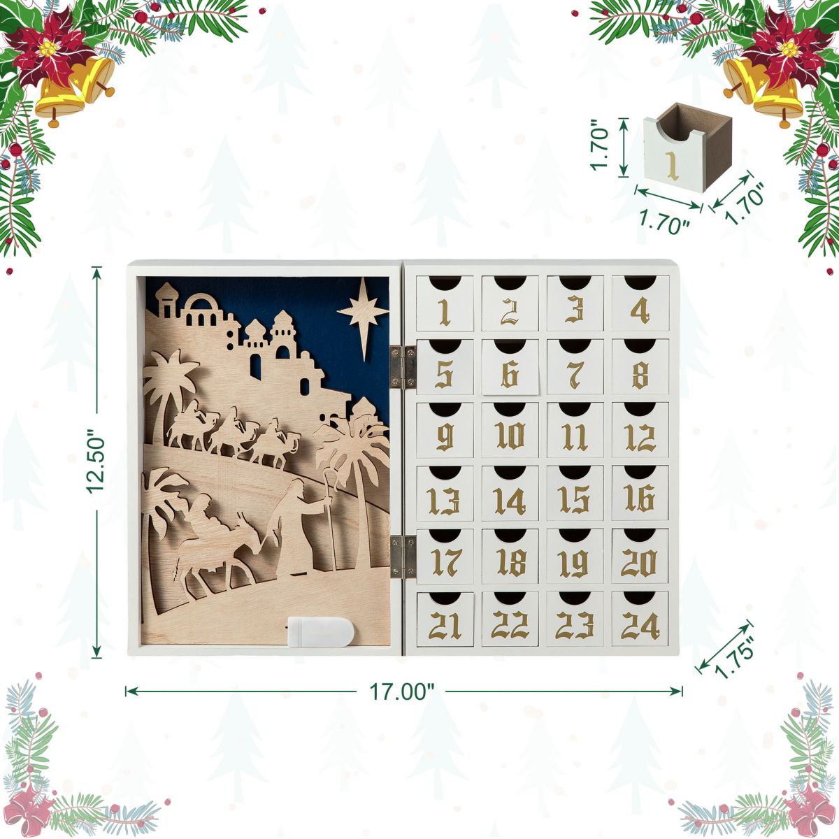 17"L Lighted Wooden Christmas Nativity Advent Calendar  Decor