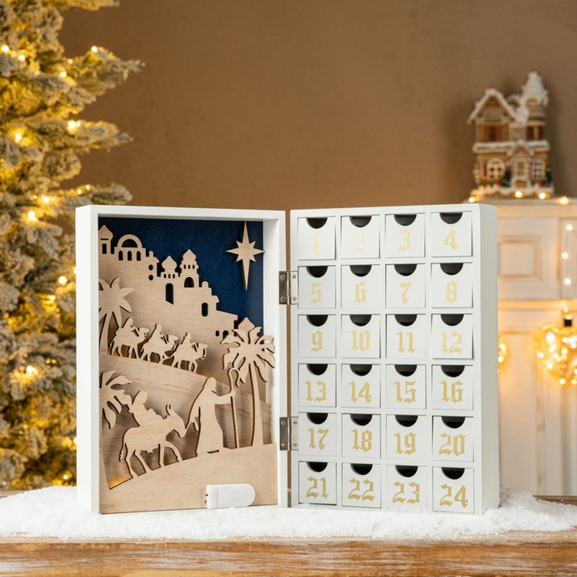 17"L Lighted Wooden Christmas Nativity Advent Calendar  Decor