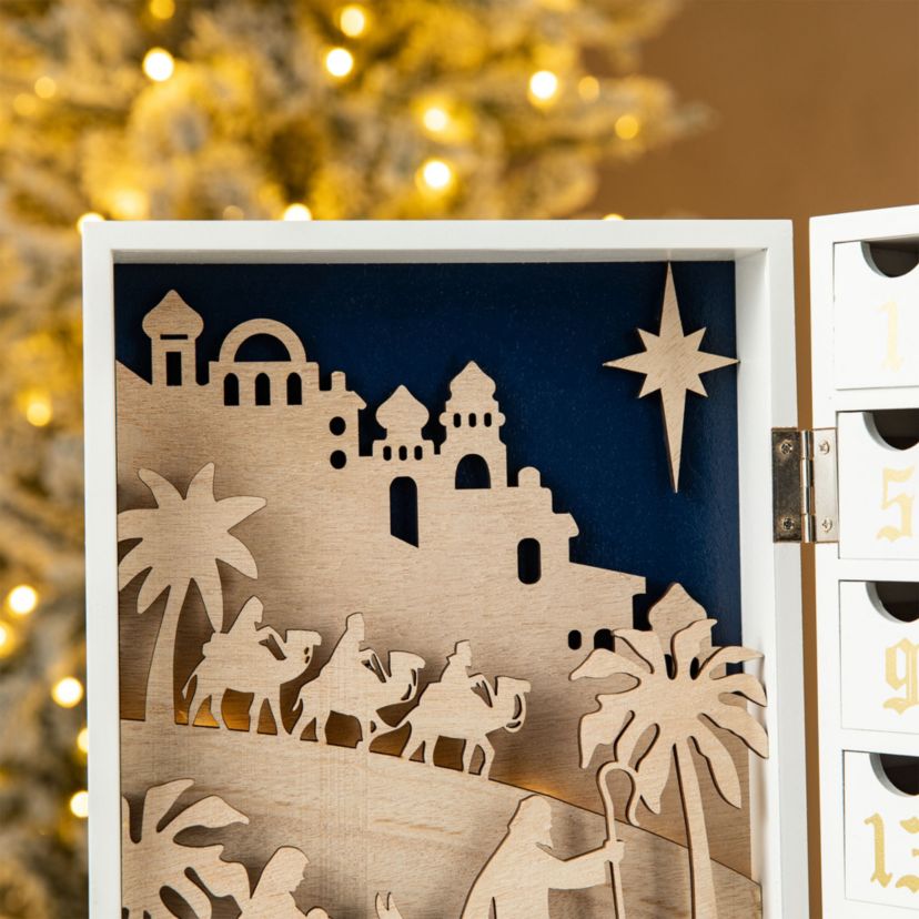 17"L Lighted Wooden Christmas Nativity Advent Calendar  Decor