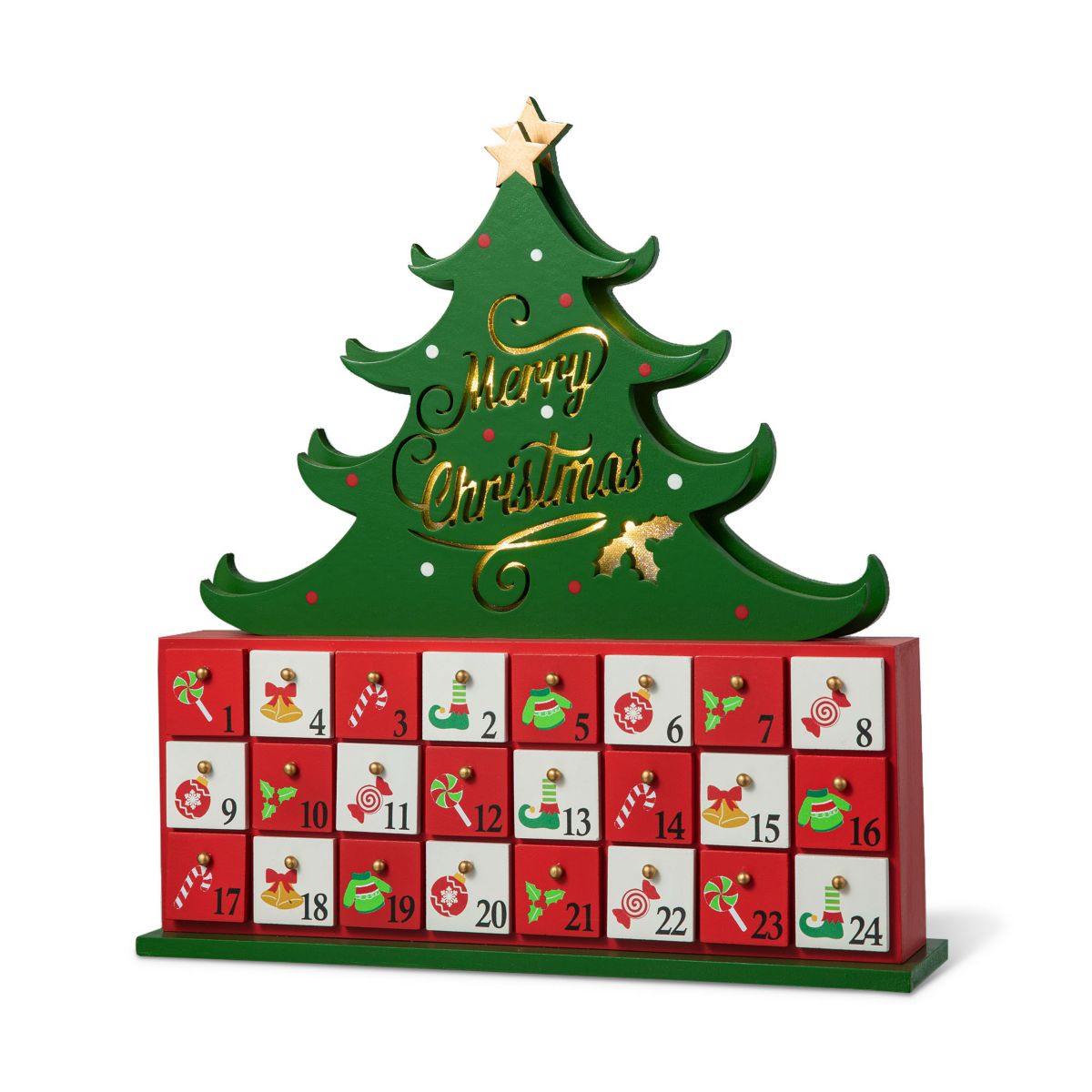 15.25"H Lighted Wooden Christmas Tree Advent Calendar Decor