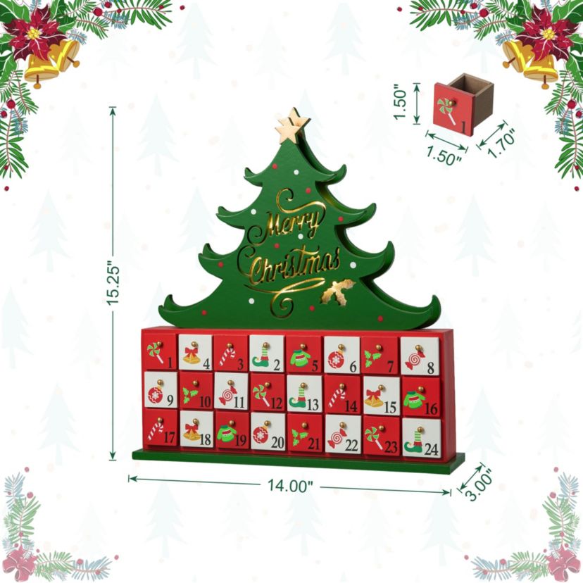 15.25"H Lighted Wooden Christmas Tree Advent Calendar Decor
