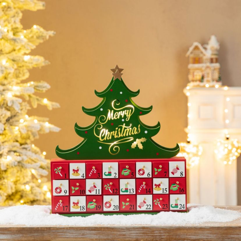 15.25"H Lighted Wooden Christmas Tree Advent Calendar Decor