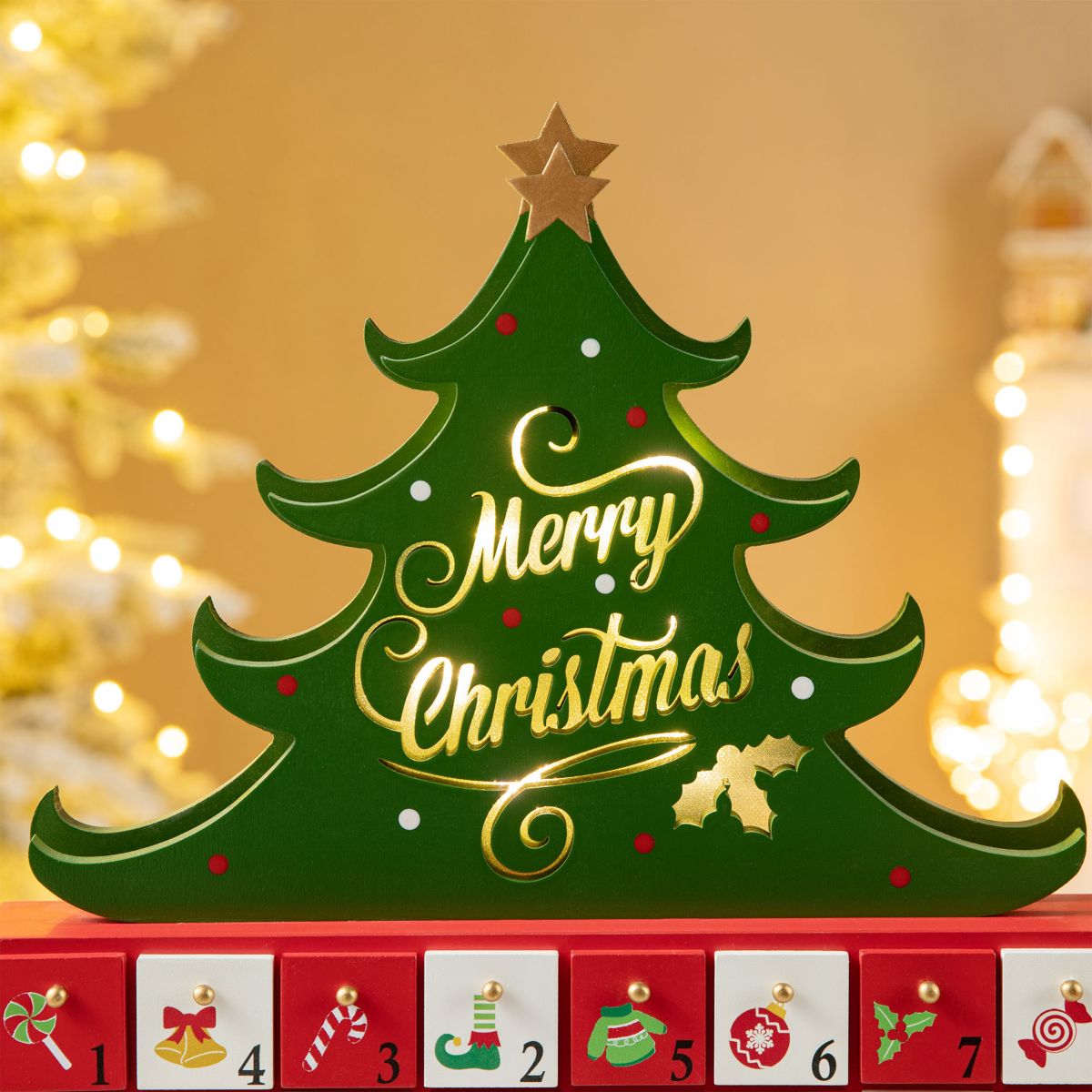 15.25"H Lighted Wooden Christmas Tree Advent Calendar Decor
